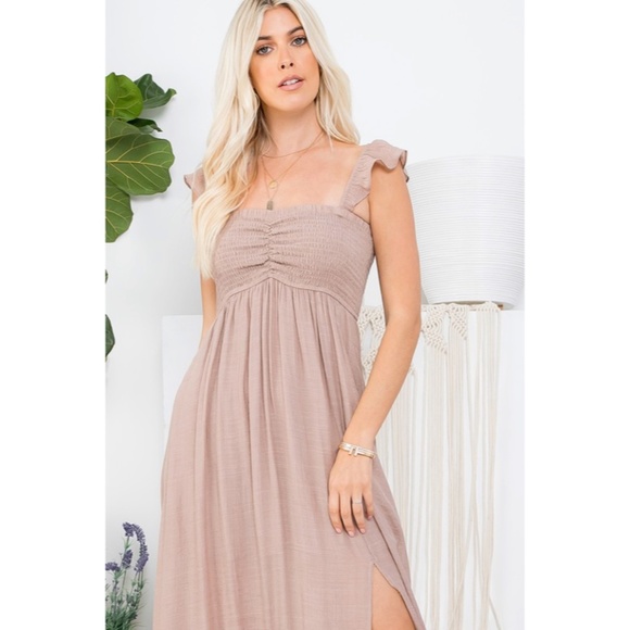 Sand Ruffle Sleeve Solid Smocked Long Full Length Relaxed Fit Maxi Casual Dress - Picture 2 of 3